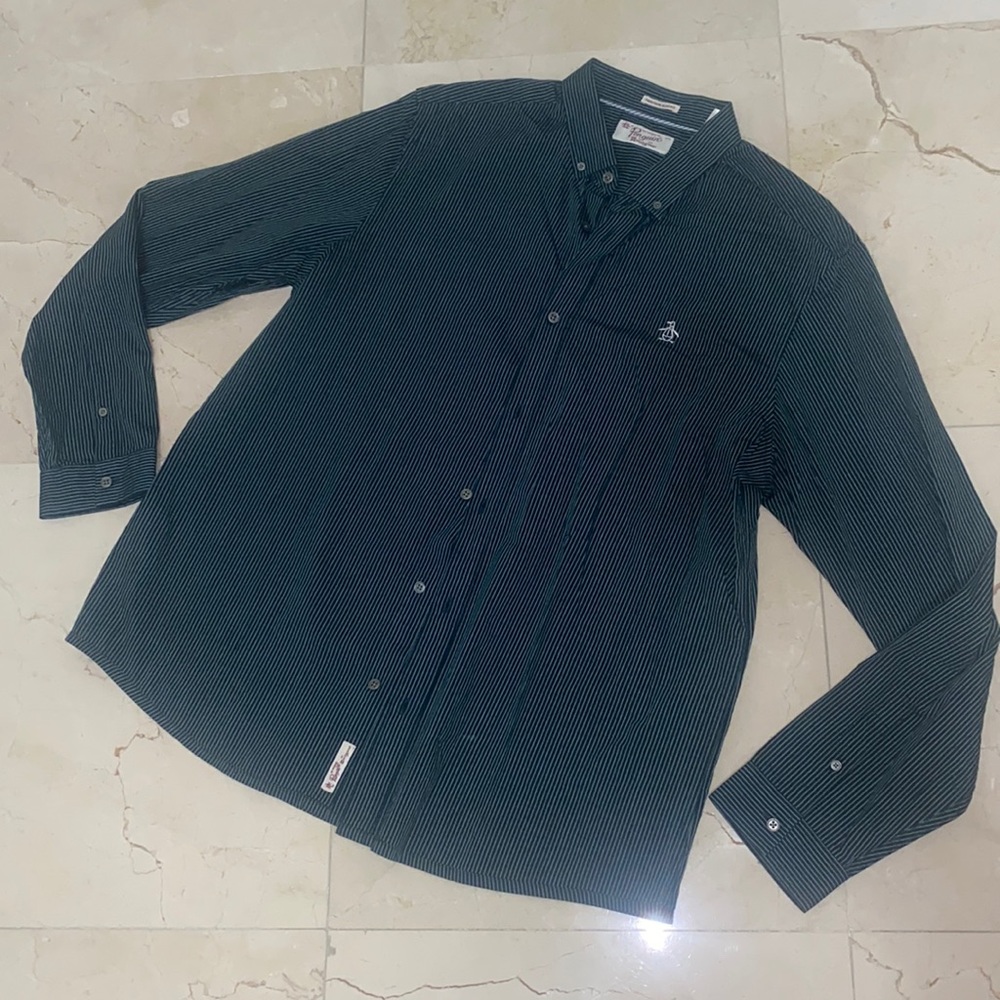 ORIGINAL PENGUIN Long Sleeve Hunter Green White Striped Button Down Shirt